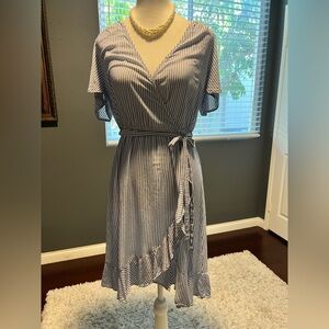 NAIF Blue and White Ruffled Wrap Midi Dress with Tie. in EUC. Size M